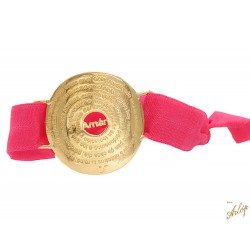 Pulsera placa Padre Nuestro en oro amarillo de 18 Kts. y cinta de color.