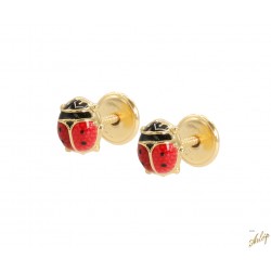 Topos en forma de mariquita, recubierta con esmalte rojo y negro, en oro amarillo de 18 kts.