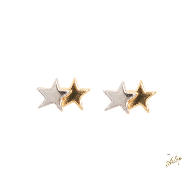 Topos con 2 estrellas cinco puntas irregulares en oro blanco y oro amarillo de 18 kts.