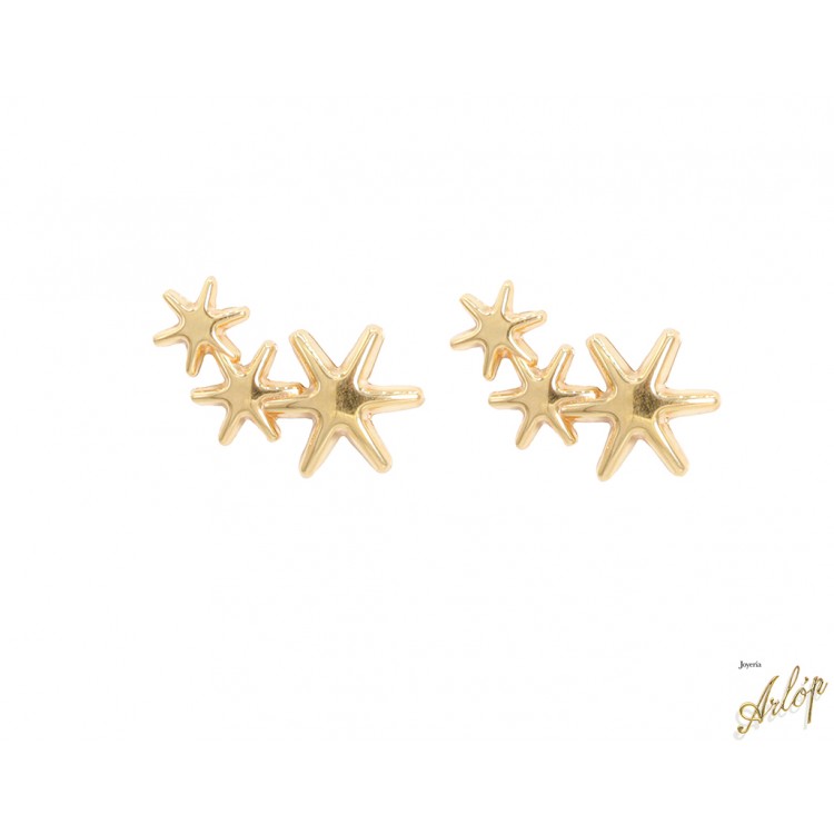 Aretes 3 estrellas 6 puntas, en disminución, tipo ear climber en oro amarillo de 18 kts.